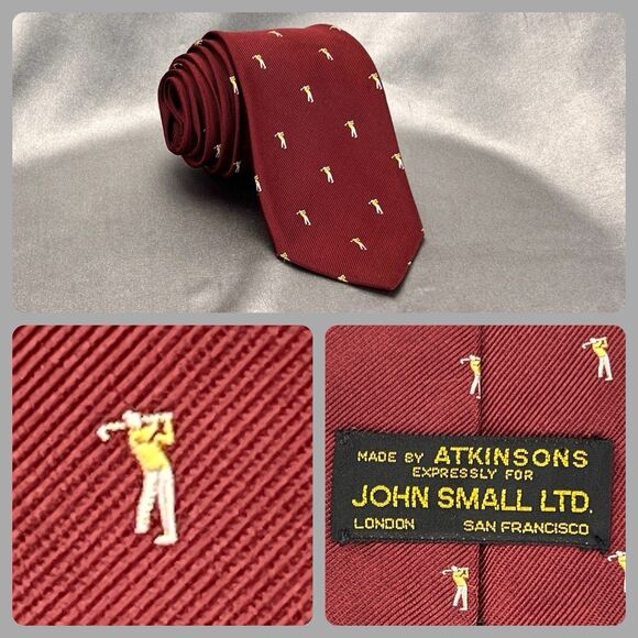 Vintage Atkinsons John Small LTD Men Golf Tie Maroon Silk All Over Print Ireland - Picture 1 of 12